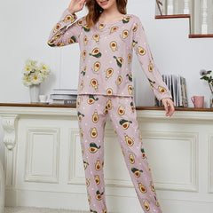 Cartoon Avocado Pattern Pajama Set Long Sleeve Round Neck Tops & Pants