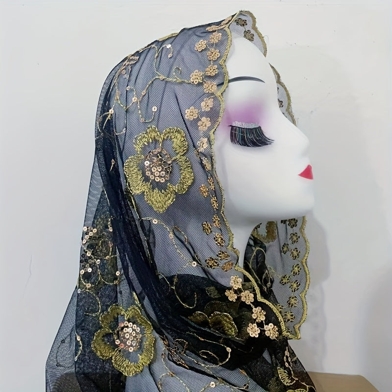 Flower Embroidery Mesh Head Scarf Lace Hijab Ramadan Turban