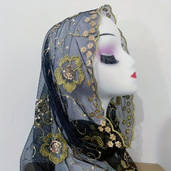 Flower Embroidery Mesh Head Scarf Lace Hijab Ramadan Turban