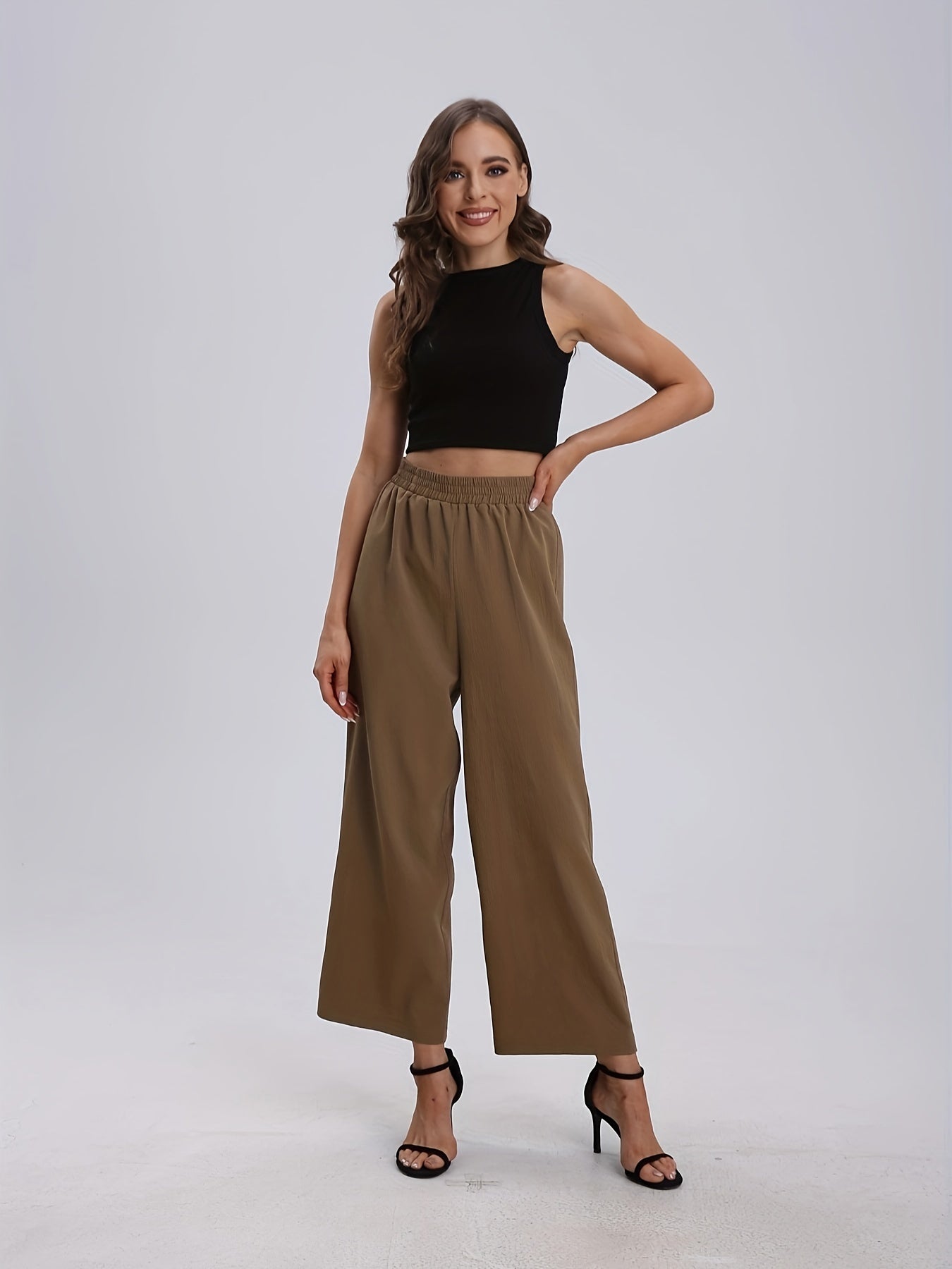 Casual Sleeveless V Neck Crop Top & Wide Leg Pants 2 Piece Set