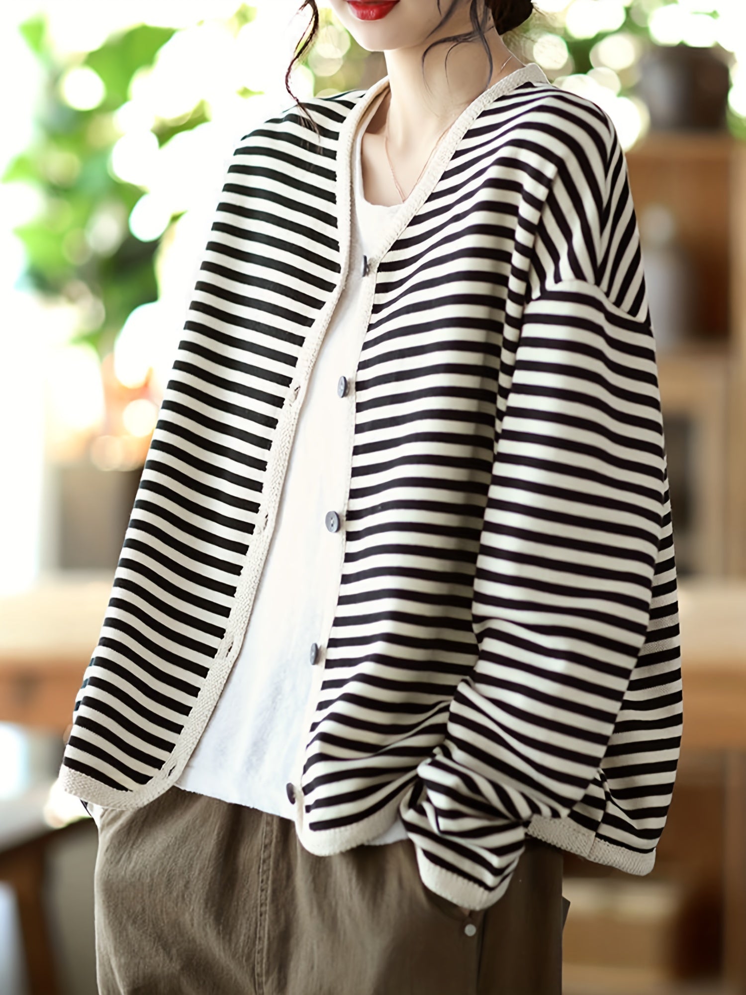 Striped Button Front Jacket V Neck Long Sleeve Outerwear
