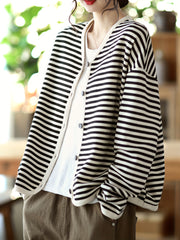 Striped Button Front Jacket V Neck Long Sleeve Outerwear