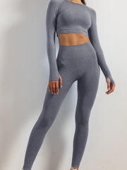 2pcs Women Solid Yoga Set Crop Long Sleeve Shirt & High Waist Leggings