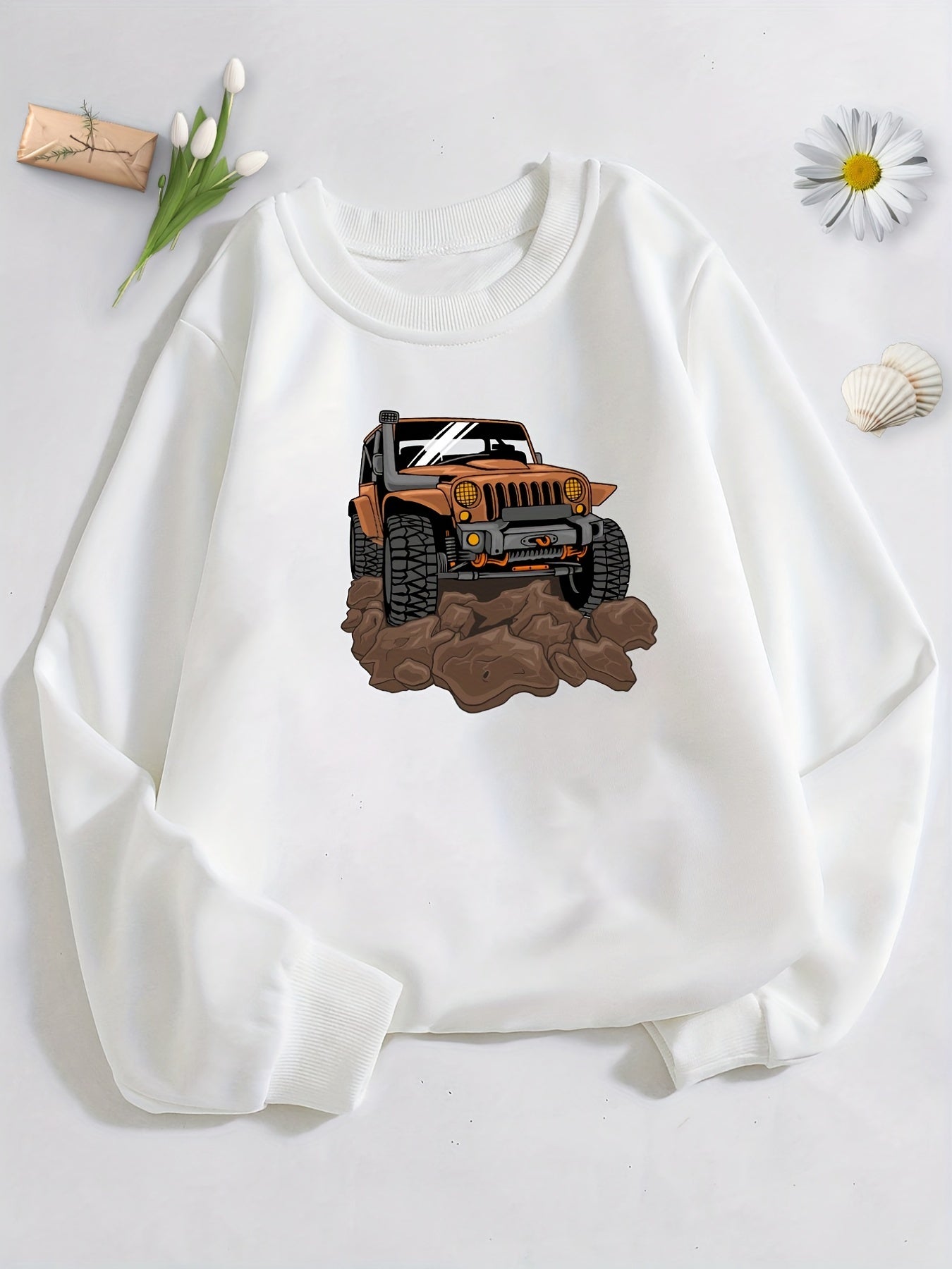 Car Print Boys Casual Pullover Sweatshirt Long Sleeve Crew Neck Tops