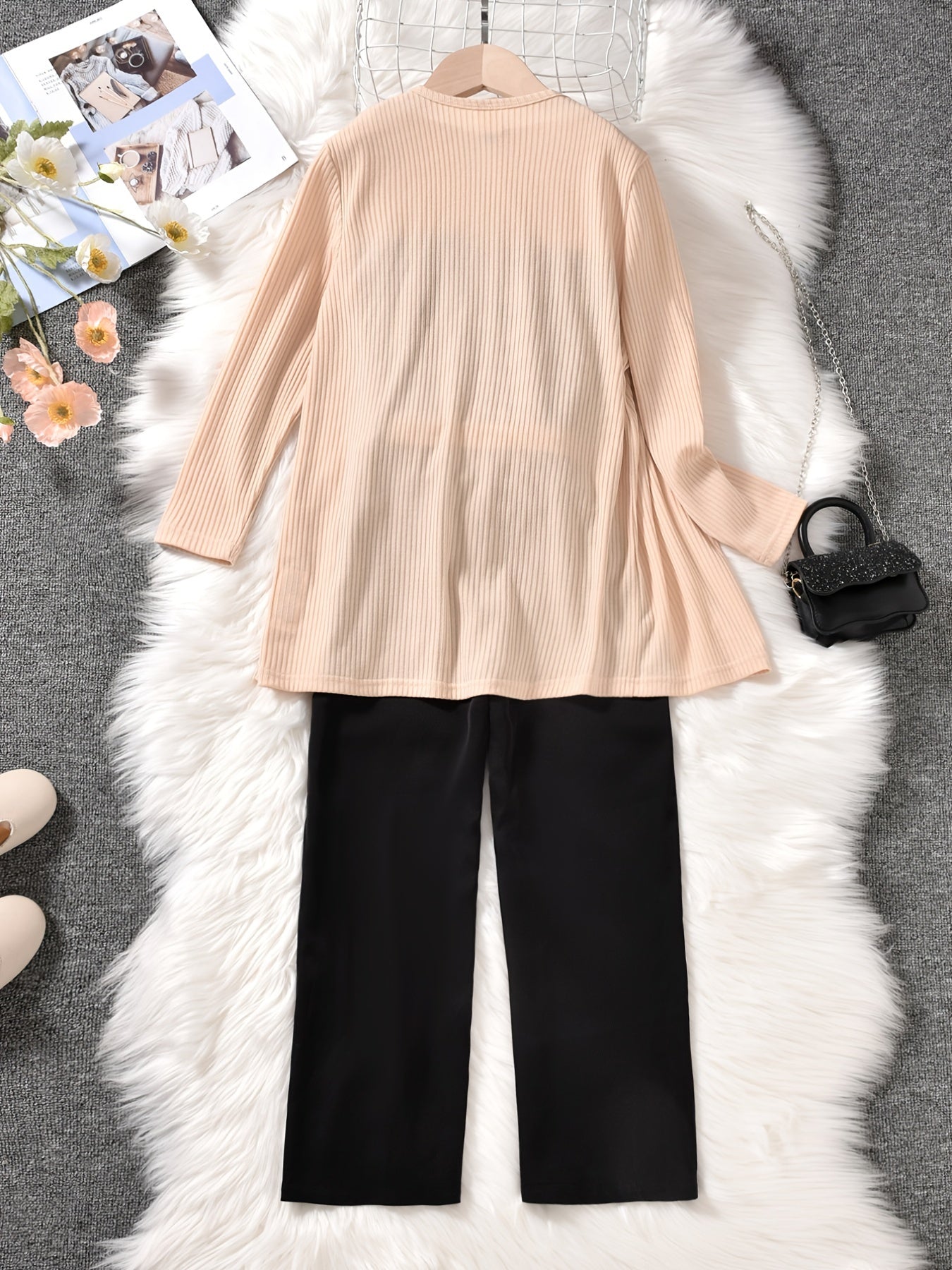 3pcs Girls Ribbed Cotton Solid Jumpsuit Apricot Jacket Sets