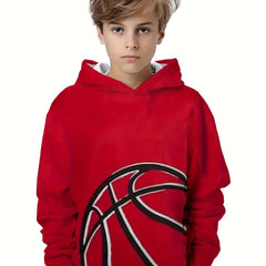 Basketball Print Boys Hooded Sweatshirt Long Sleeve Pullover Top
