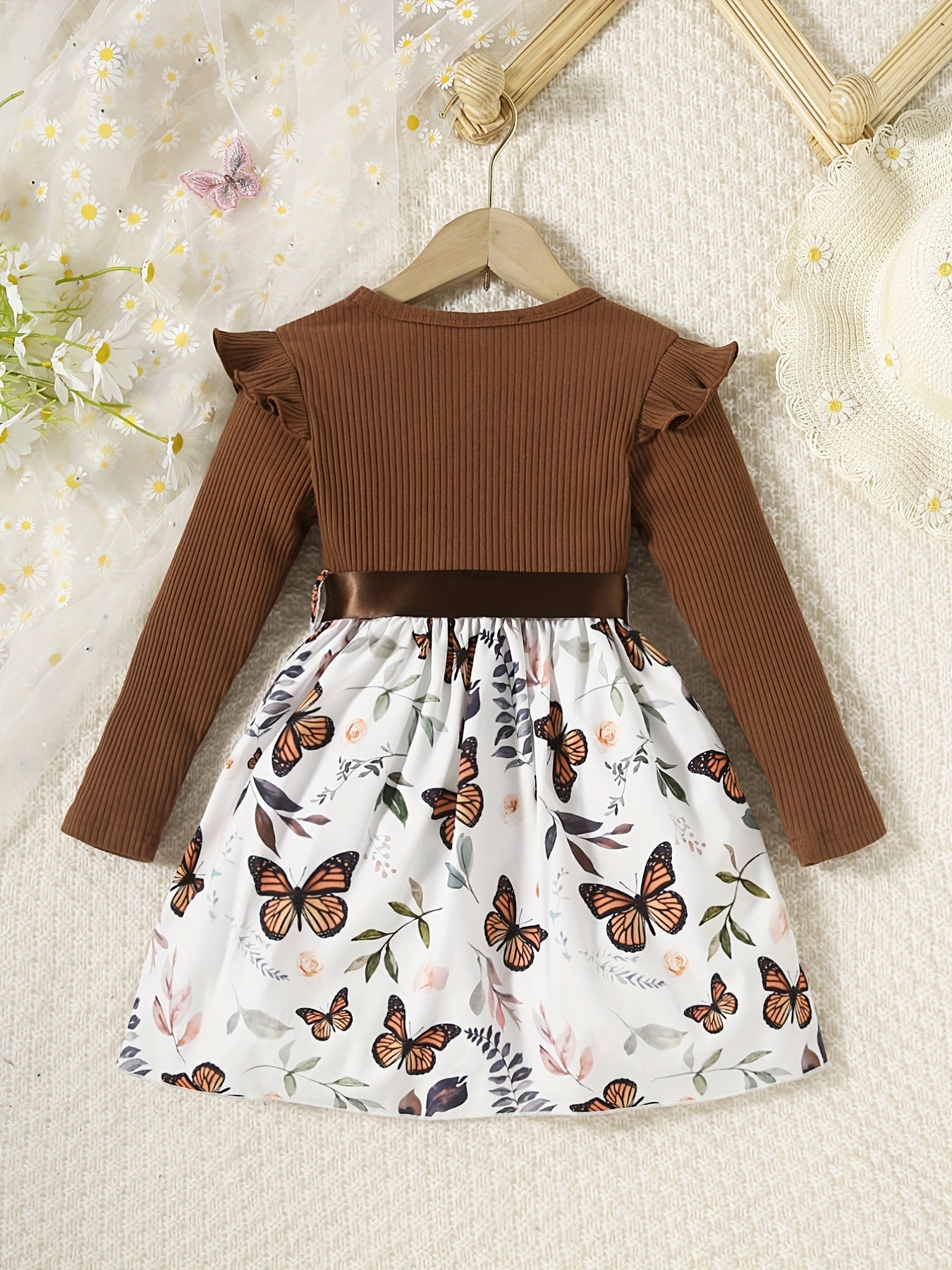 Girls Butterfly Print Ribbed Long Sleeve Dress
