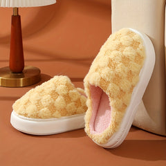 Women's Plaid Pattern Slippers Slip On Round Toe Non slip Home Fluffy Slides Sho
