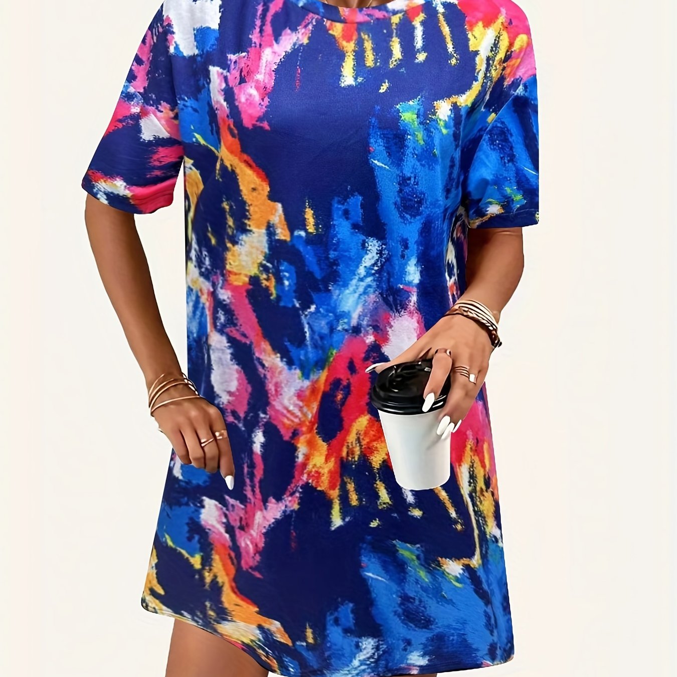 Tie Dye Crew Neck Short Sleeve Dress Women's Clothing