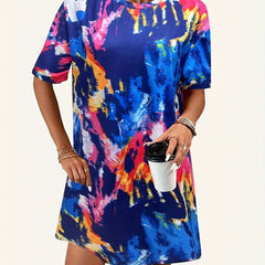 Tie Dye Crew Neck Short Sleeve Dress Women's Clothing