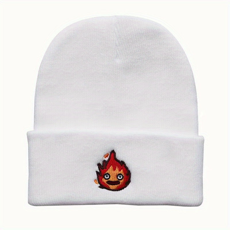Anime Flame Embroidery Beanie Cartoon Unisex Knit Hat Elastic Casual Skull Cap