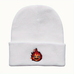 Anime Flame Embroidery Beanie Cartoon Unisex Knit Hat Elastic Casual Skull Cap