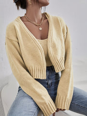 Solid Two-piece Set Open Front Cardigan & Knitted Crop Top