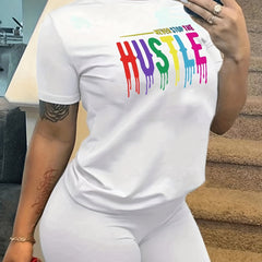 Graffiti Letter Graphic Sports T-Shirt Crew Neck Short Sleeves Women's Tops