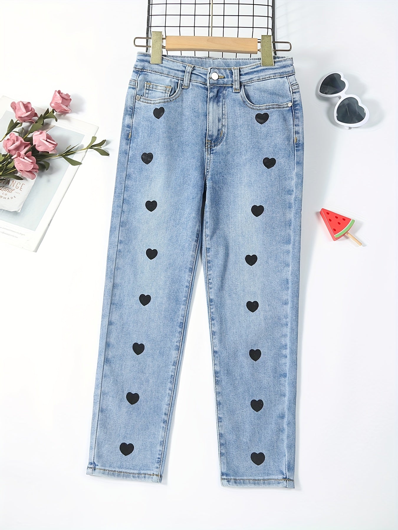 Girls Heart Print Stretch Jean Denim Pants with Pocket