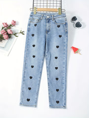 Girls Heart Print Stretch Jean Denim Pants with Pocket