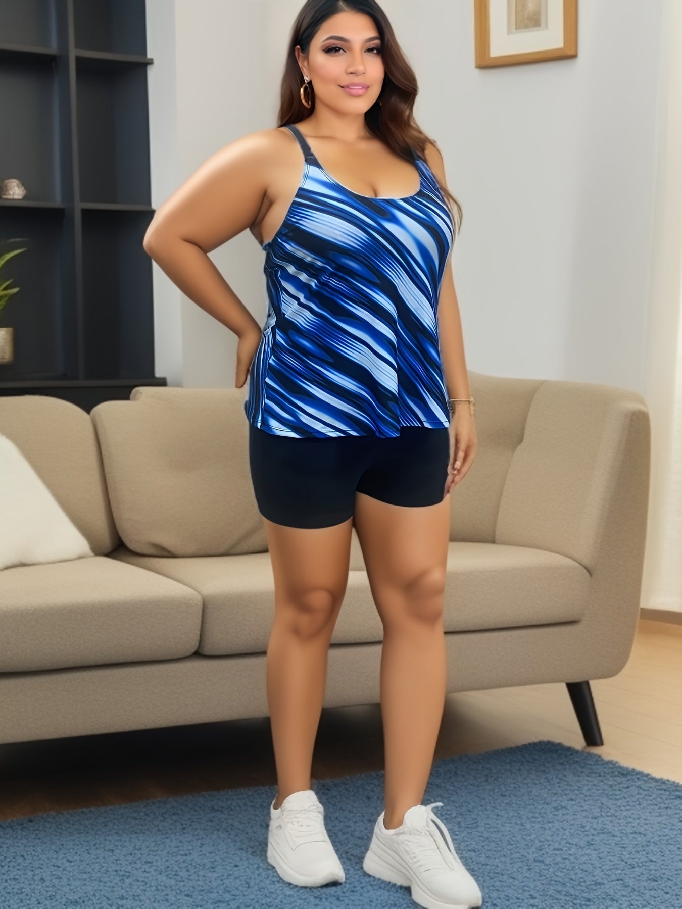 Striped Print Tankini Set with Cami Top & Shorts