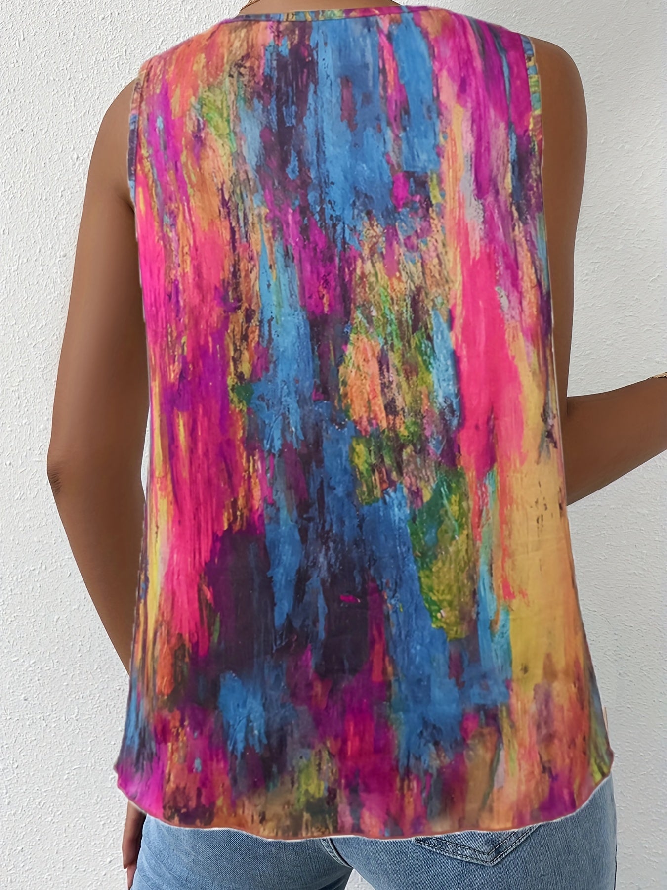 Vintage Tie Dye Sleeveless Top V Neck Zipper Summer Women's Clothing