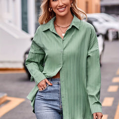 Ribbed Button Up Long Sleeve Blouse