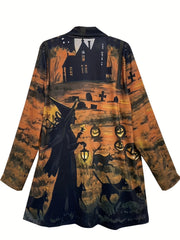 Halloween Cardigan Women's Plus Allover Print Long Sleeve