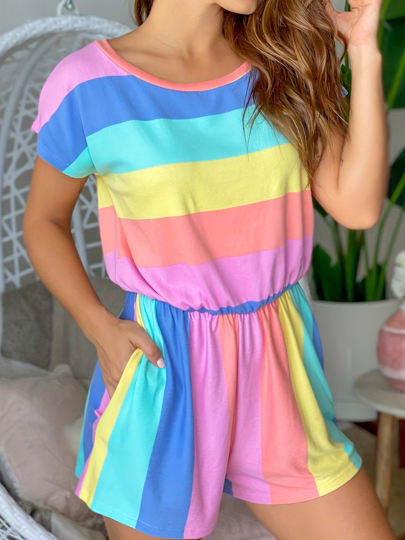 Short Sleeve Romper Jumpsuit with Dual Pockets