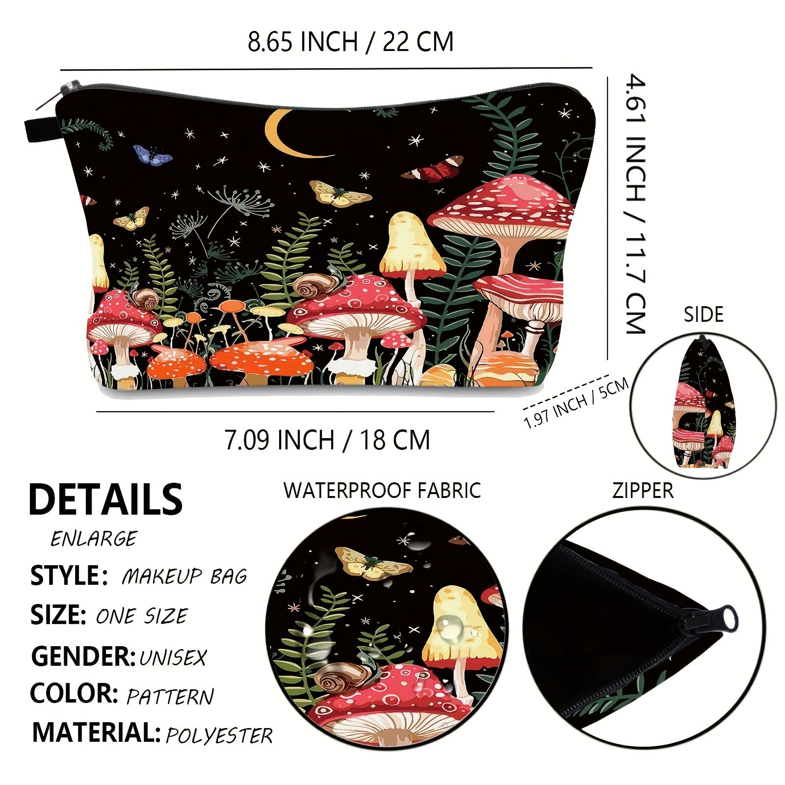 Small Mushroom Print Makeup Bag Waterproof Clutch Handbag