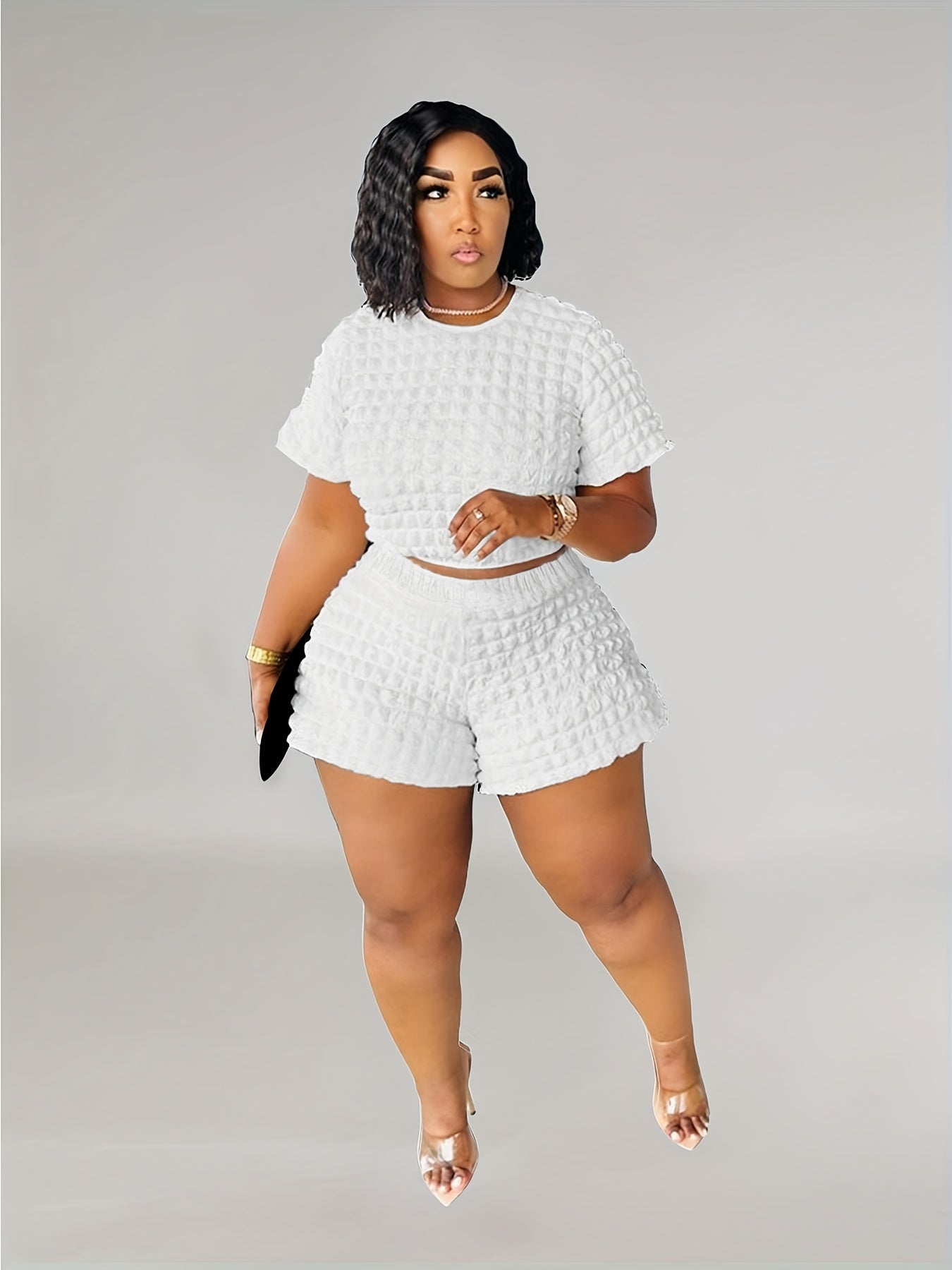 Women's Plus Puff Sleeve Crop Top & Shorts Set