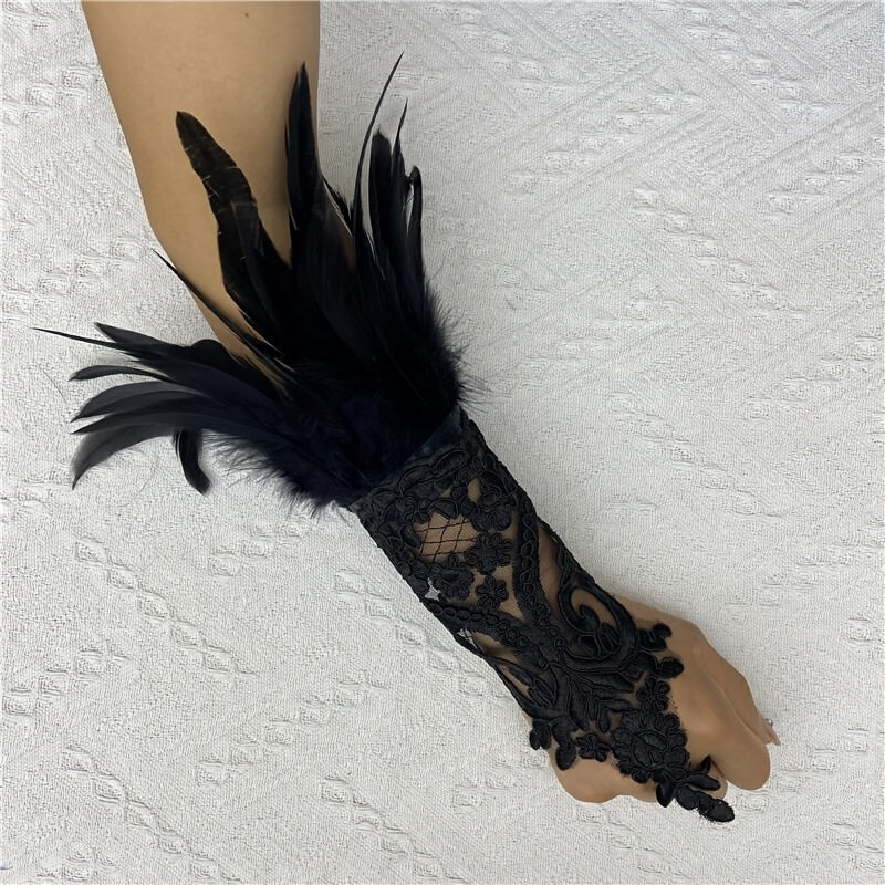 Gothic Rhinestone Feather Gloves Lace Cuff Wristband Cosplay Wedding Halloween