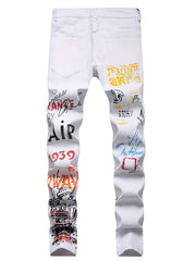 Boys Graffiti Letter Print Stretch Jeans Skinny Slim Fit Denim