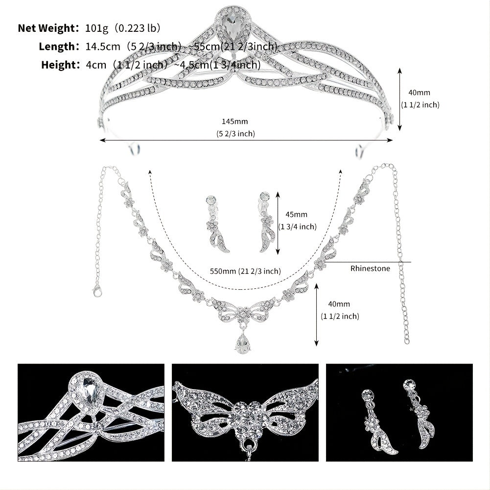 3PCS Wedding Necklace Earrings Crown Set Bridal Jewelry