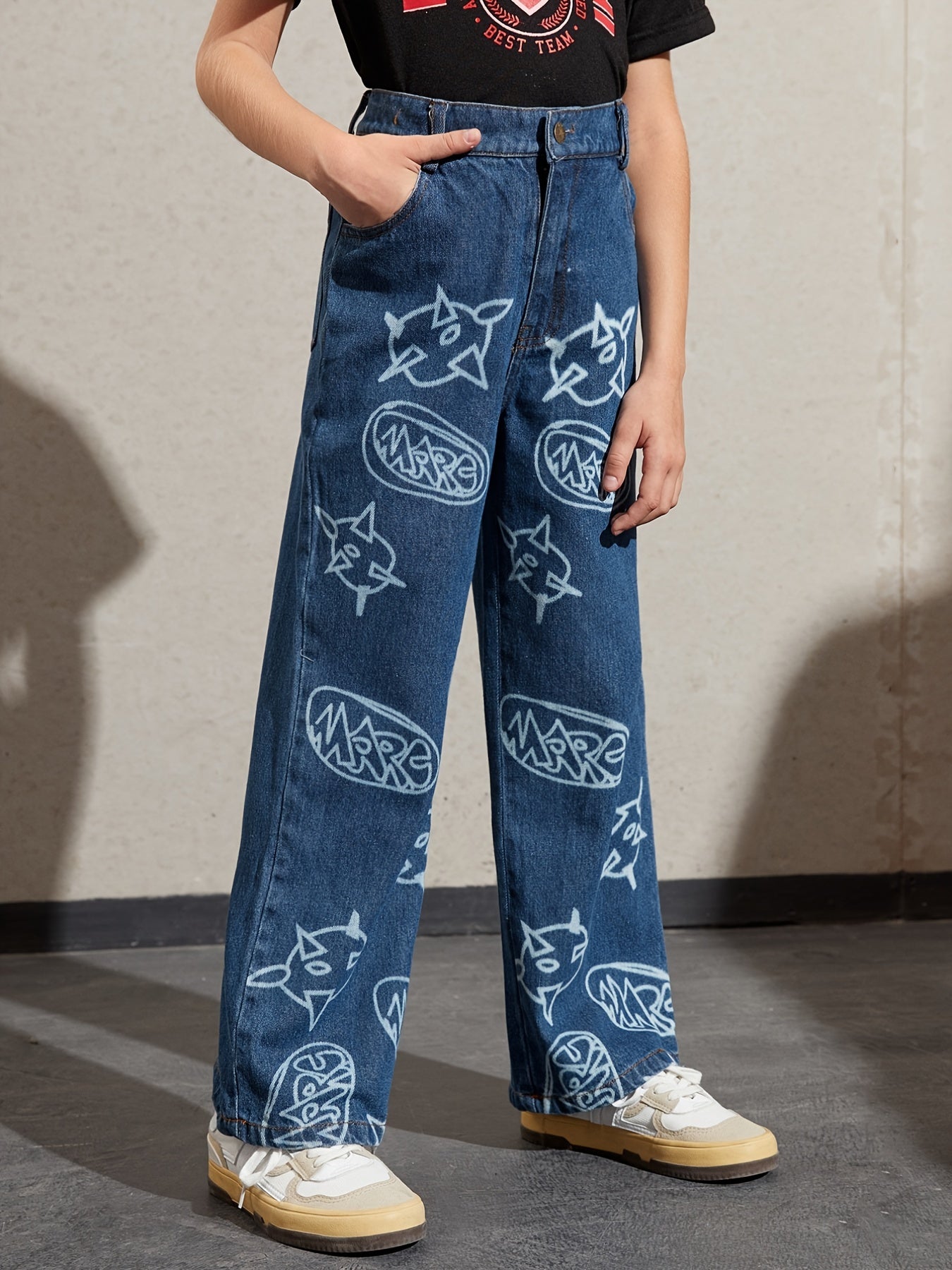 Girls Smiley Face Graphic Denim Wide Leg Pants