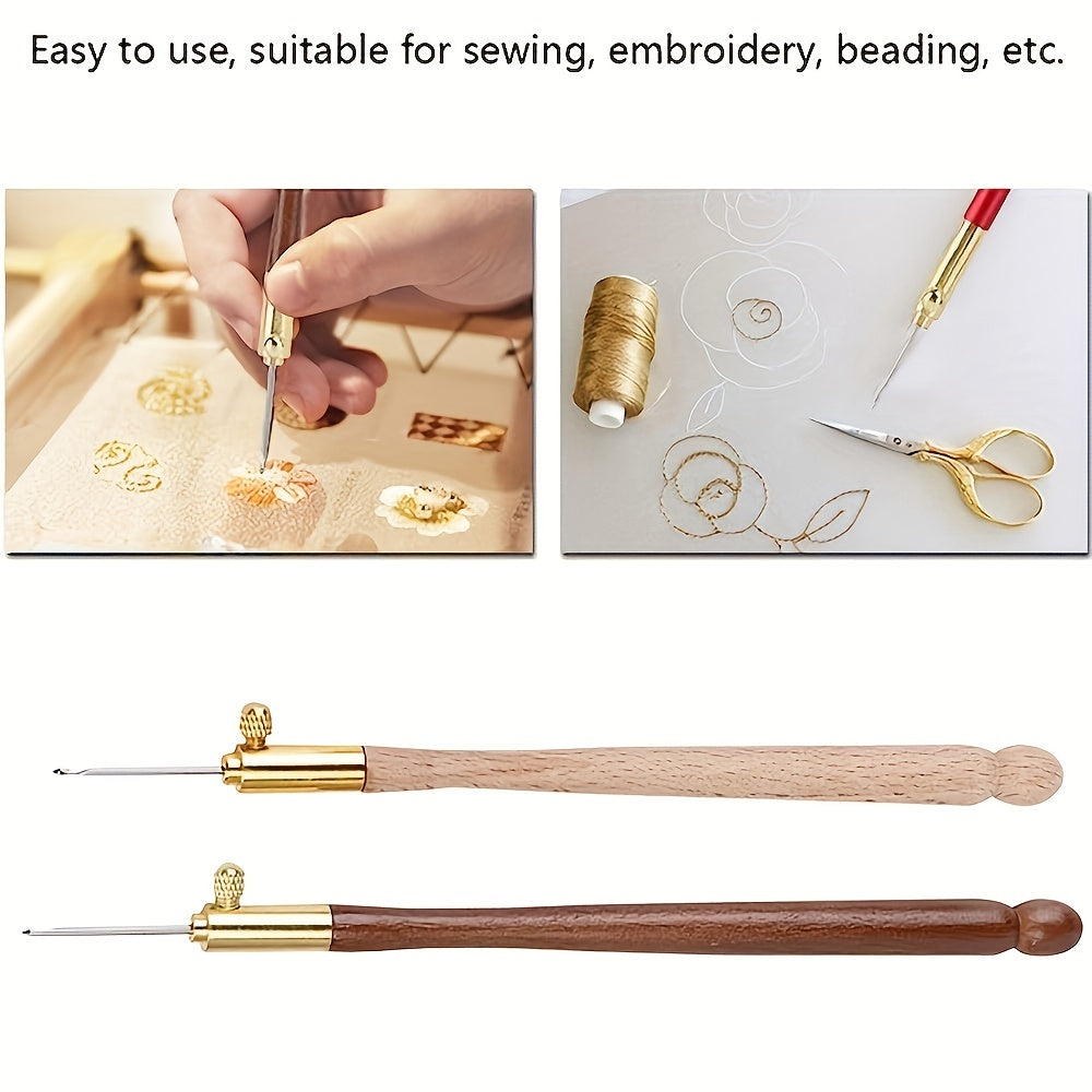 1pc Embroidery Crochet Hooks With 3 Needles Wooden Handle French Tambour Hooks