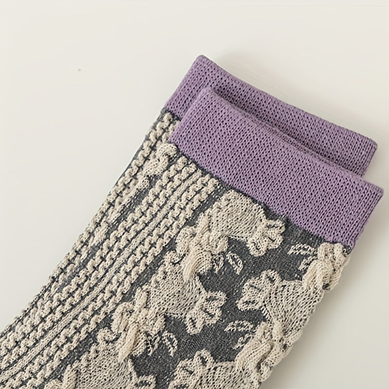 5 Pairs Retro Style Floral Print Colorblock Crew Socks Women's Stockings