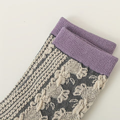 5 Pairs Retro Style Floral Print Colorblock Crew Socks Women's Stockings