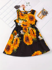 Girl's Sun Flower Sleeveless Strap Dress Comfy Summer Casual