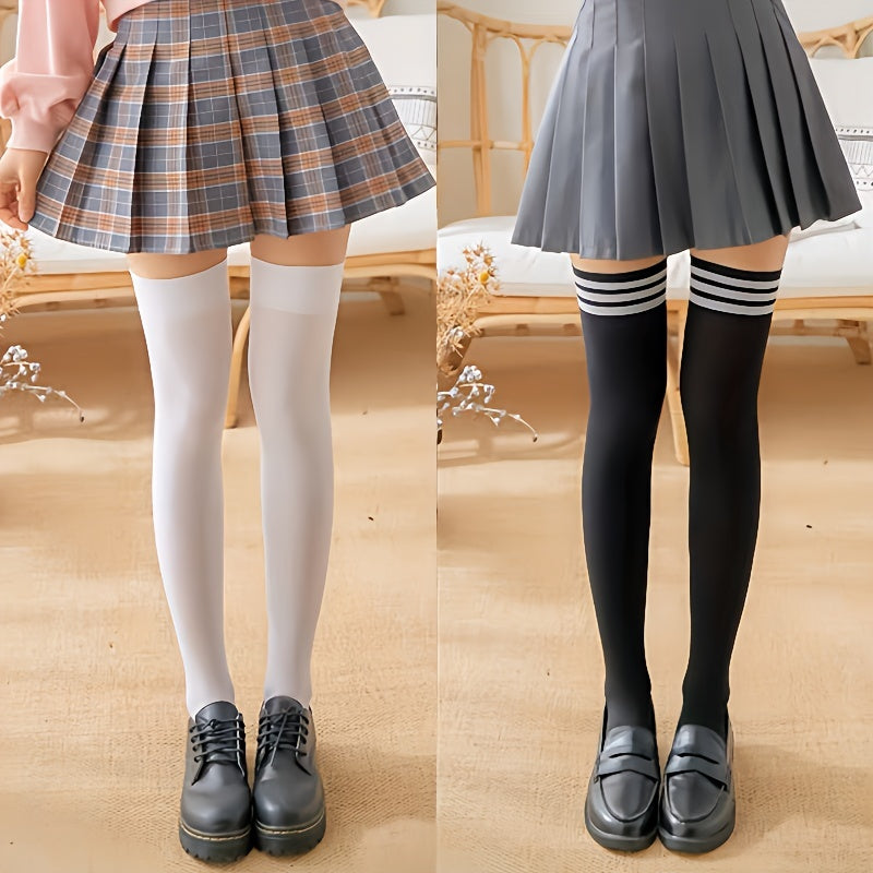 2 Pairs Striped Solid Thigh High Socks Women's Stockings