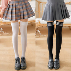 2 Pairs Striped Solid Thigh High Socks Women's Stockings