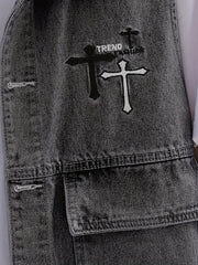Men's Denim Vest Casual Street Style Big Pockets Turn-Down Collar Waistcoat