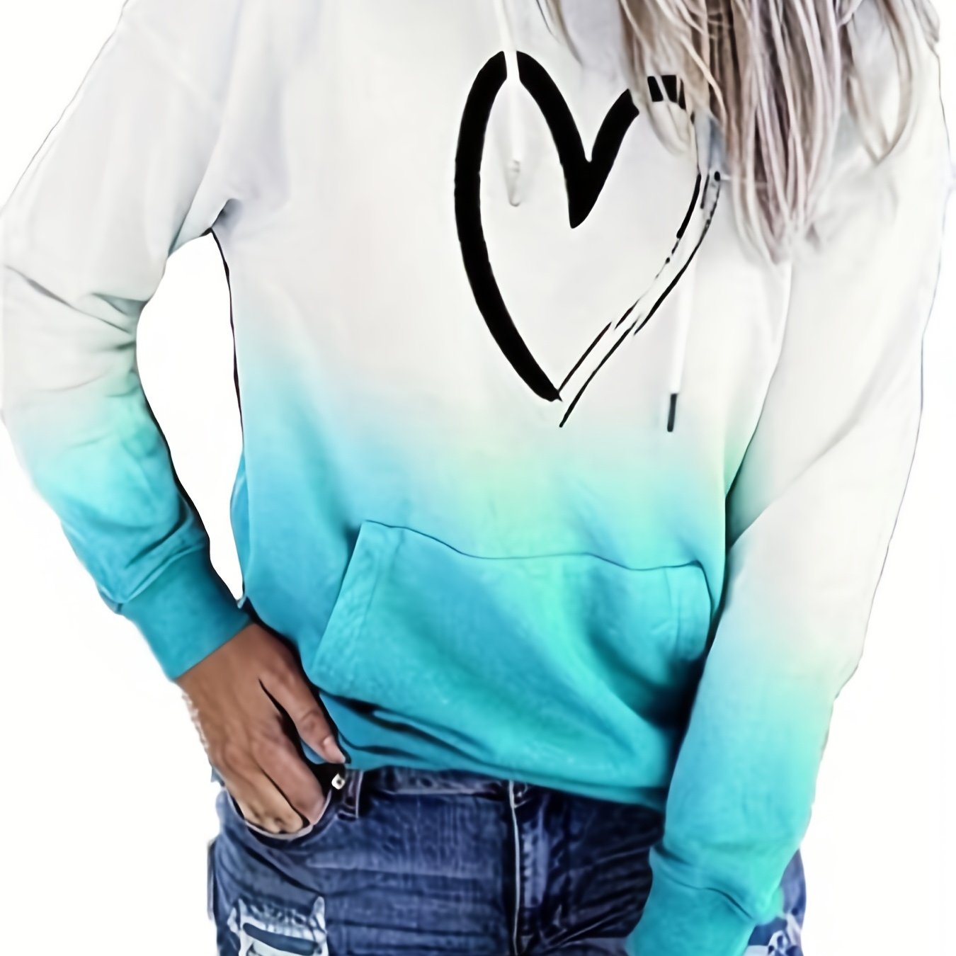 Heart Print Kangaroo Pocket Hoodie Long Sleeve Hoodies