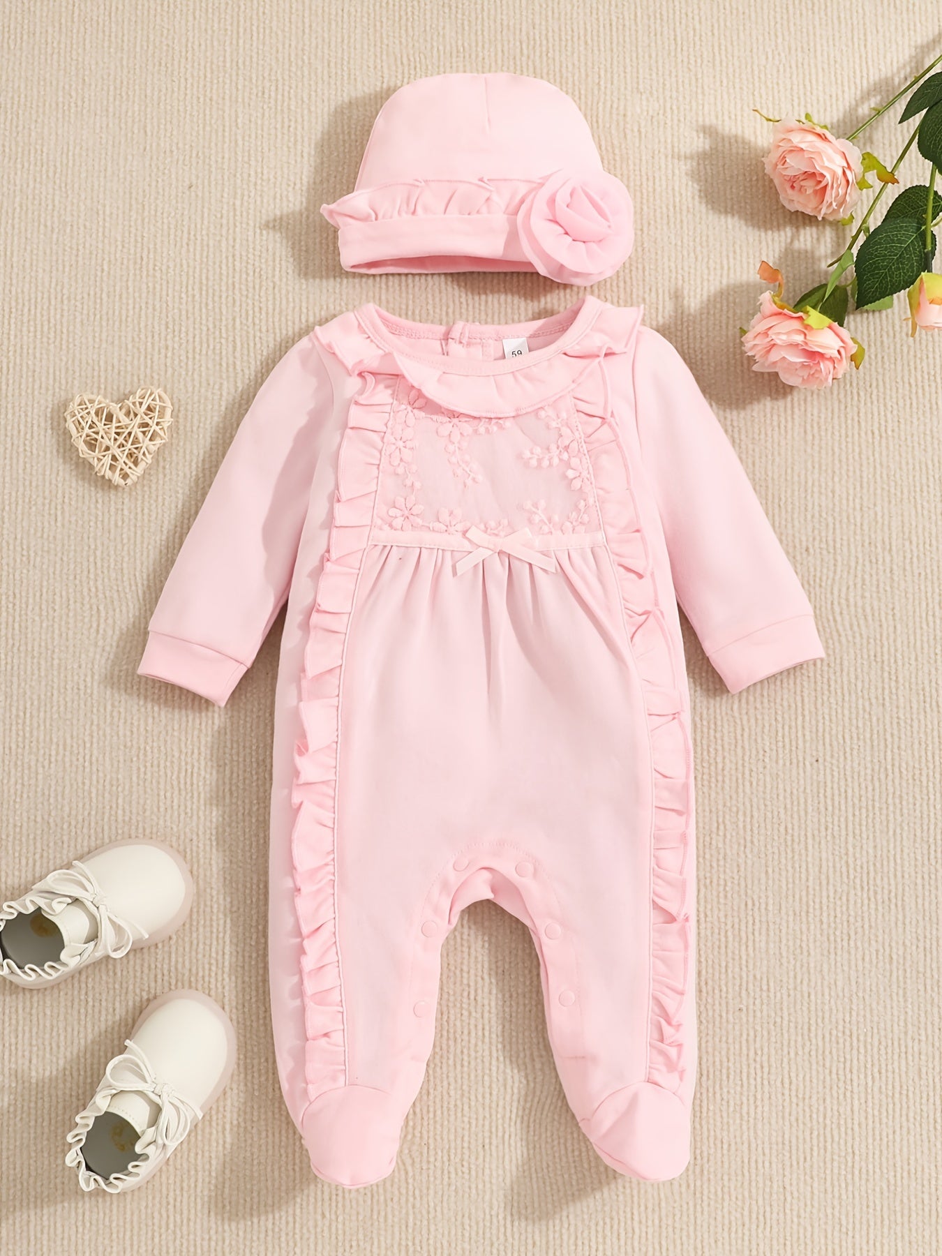 Baby Girls Cotton Footies Footed Jumpsuit Hat Ruffle Long Sleeve Romper