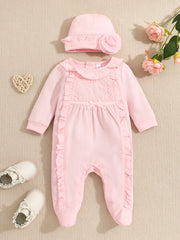Baby Girls Cotton Footies Footed Jumpsuit Hat Ruffle Long Sleeve Romper