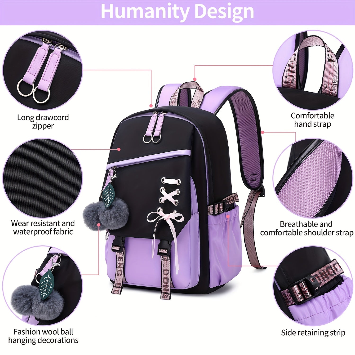Girl School Backpack With Plush Ball Bag & Letter Pattern Strap