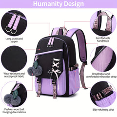 Girl School Backpack With Plush Ball Bag & Letter Pattern Strap