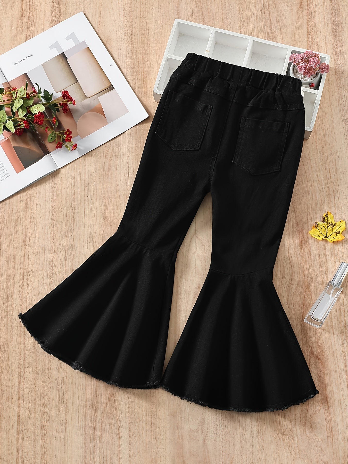 Girls Flare Leg Denim Pants Elastic Waist Ripped Toddler Clothes