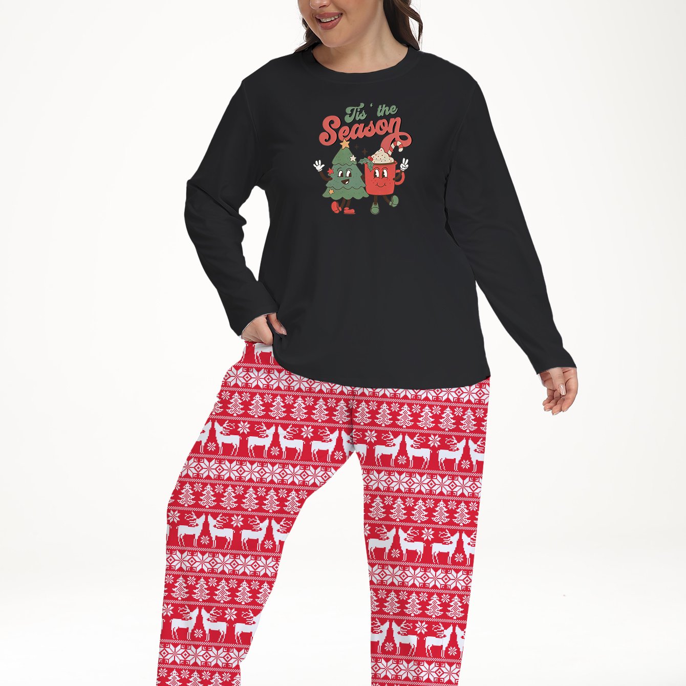 Women's Plus Christmas Pajamas Set Cartoon Christmas Tree & Popcorn Print