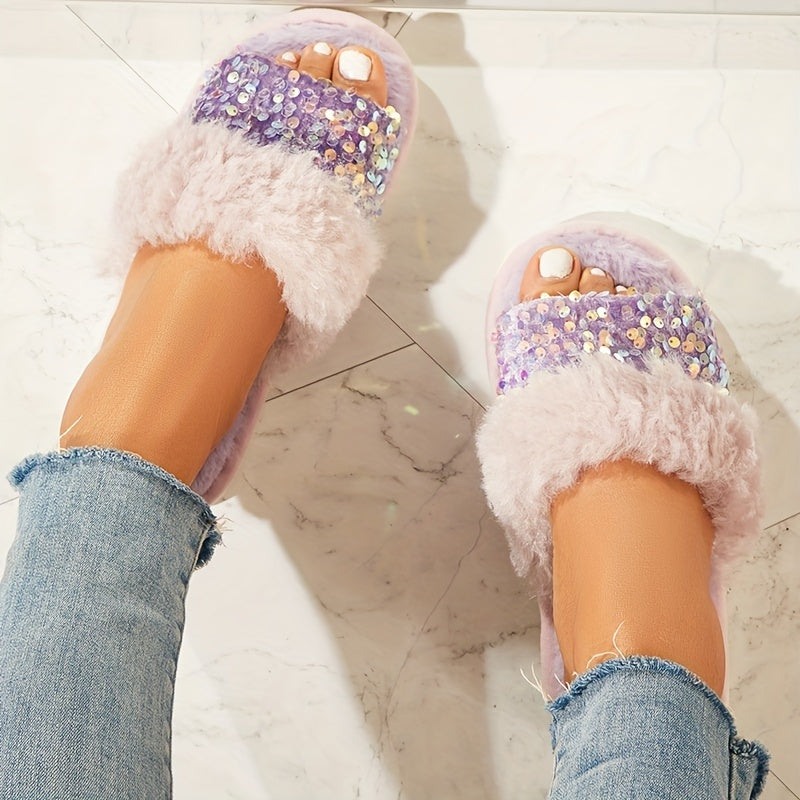 Women's Sequins Fluffy Slippers Warm Plush Indoor Fuzzy Slippers