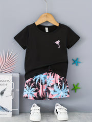 Boys Coconut Tree Print Tee & Shorts 2pcs Set