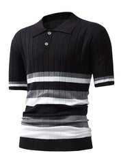 Stripe Pattern Polo Sweater Men's Warm Stretch V Neck Pullover