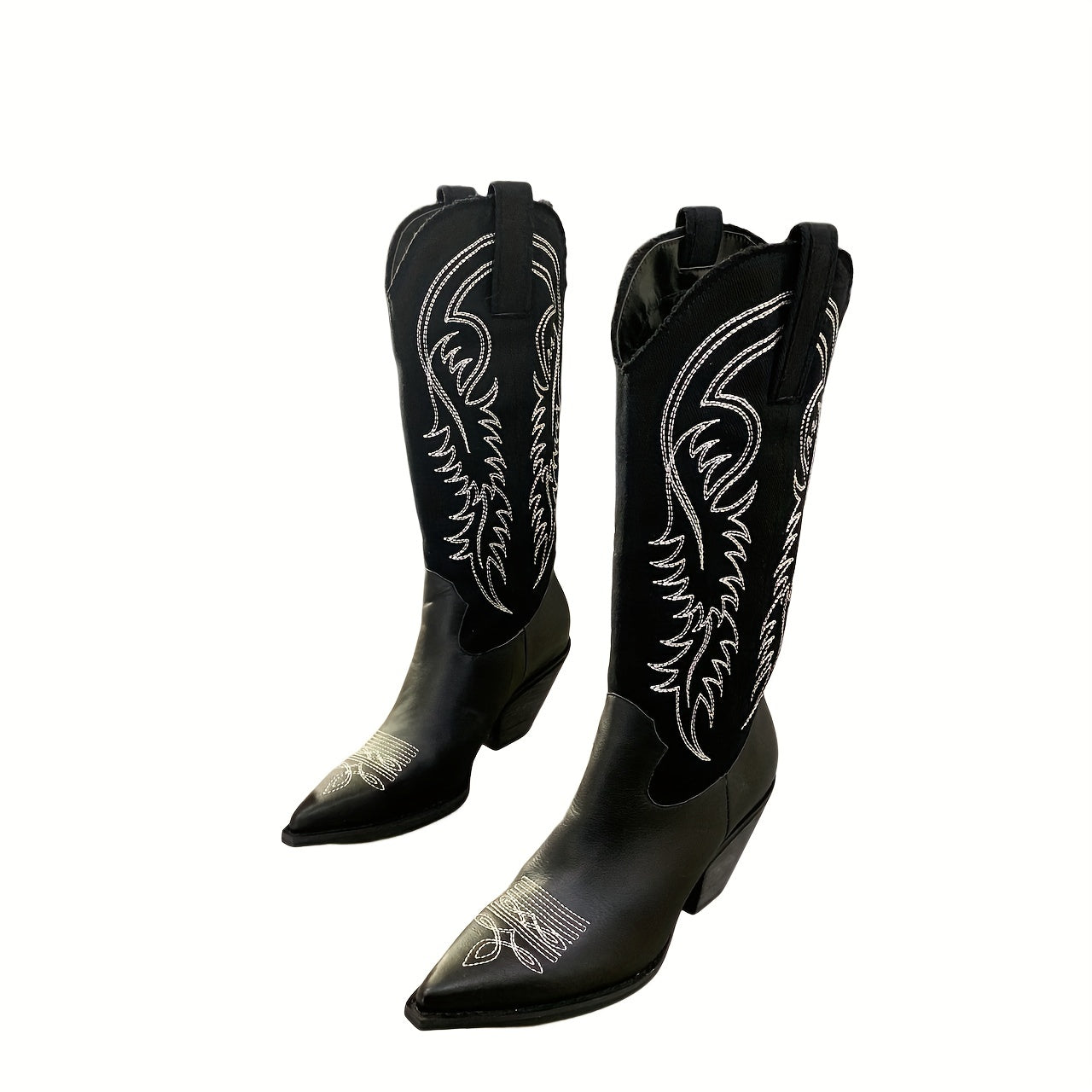 Embroidered Cowboy Boots Point Toe Chunky Heel Slip On Western Boots