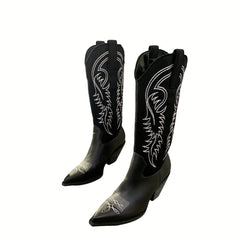 Embroidered Cowboy Boots Point Toe Chunky Heel Slip On Western Boots